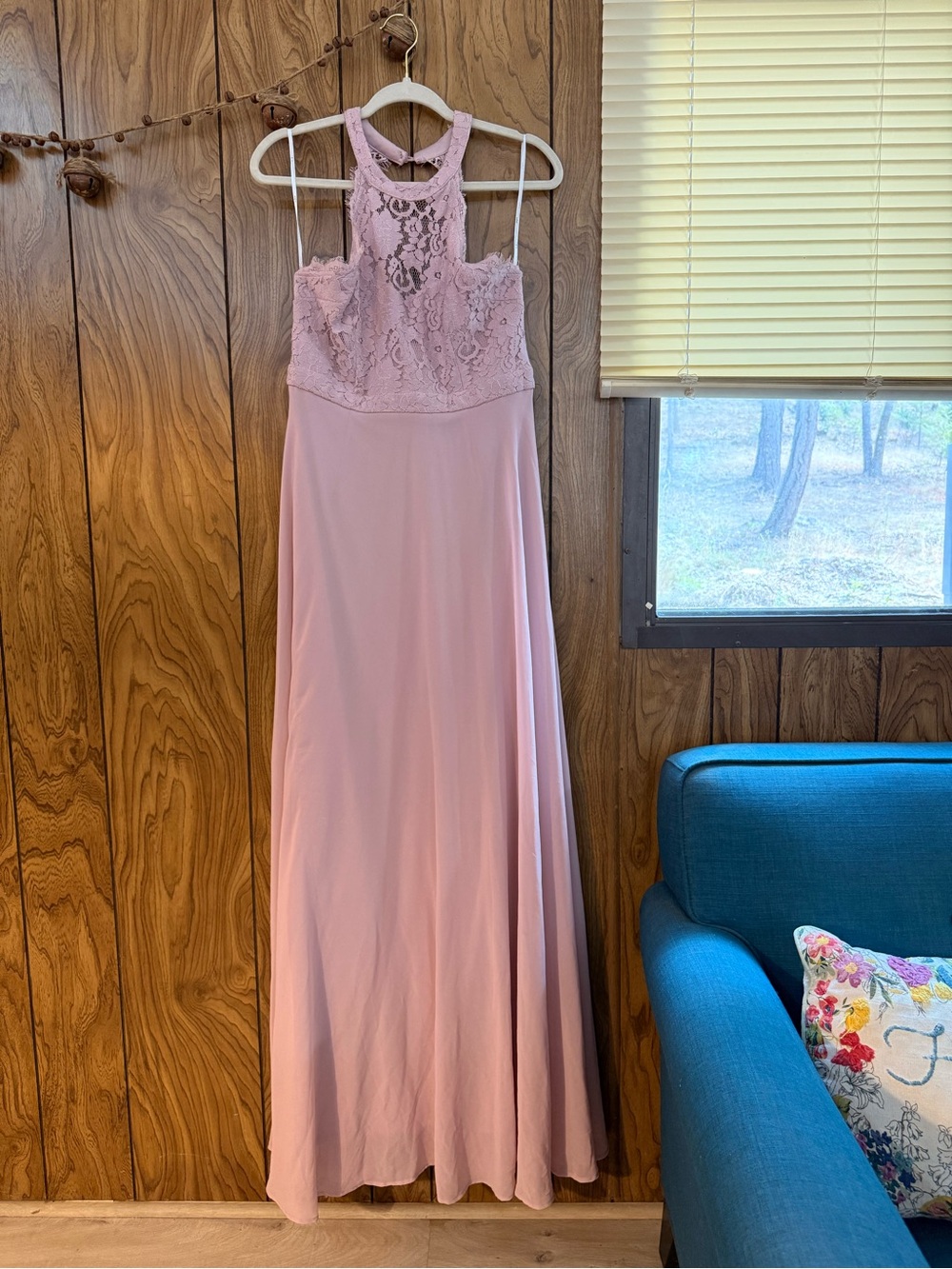 Lulus Size L Dusty Rose Lace Halter Maxi Formal Bridesmaid Dress